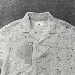 Folk Mens Broad SS Shirt M Natural Eyelet Embroidered Button Up Short Sleeve